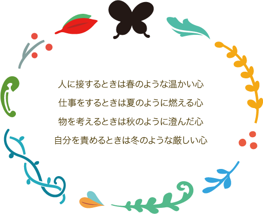 人に接するときは春のような温かい心、仕事をするときは夏のように燃える心、物を考えるときは秋のように澄んだ心、自分を責めるときは冬のような厳しい心